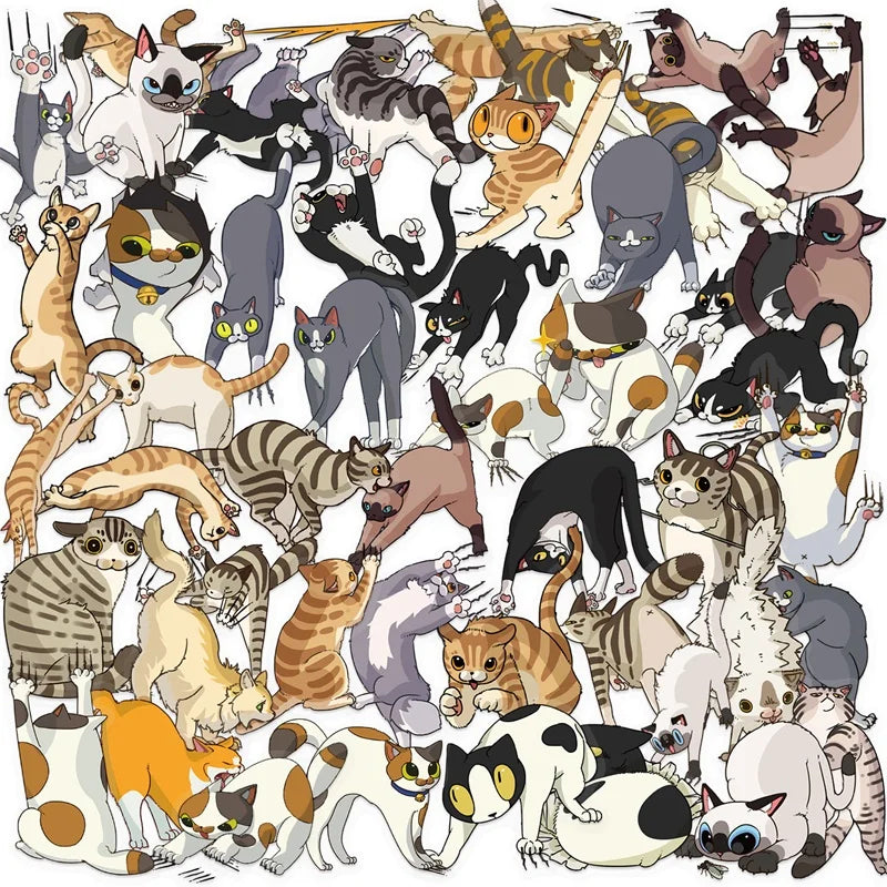 50PCS Cartoon Fierce Cat PET Sticky Sticker Aesthetic Tear Open DIY Decoration Scrapbooking Sketchbook Supplies for Kids