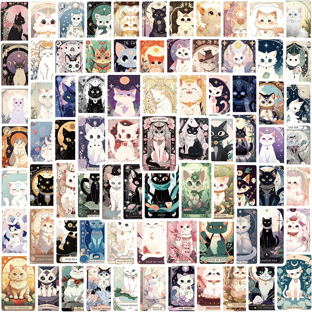 78PCS Cat Tarot Cards Sticker Cartoon Aesthetic Classic Decorative Phone Laptops Luggage Skateboard Suitcase Coffer Guitar Stick