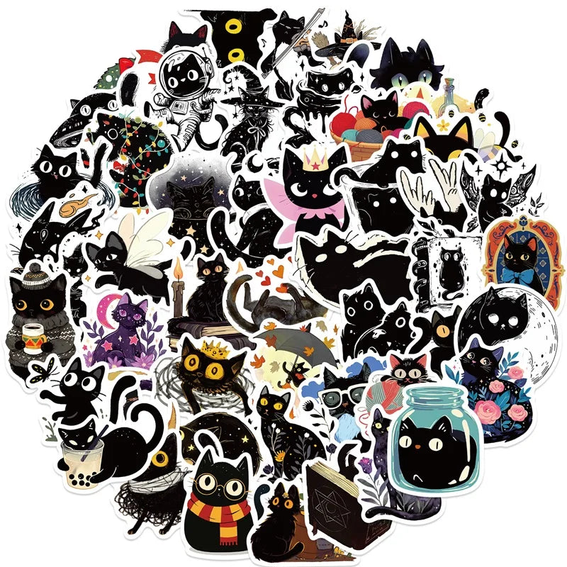 10/30/50PCS Cartoon Black Star Cat PVC Sticky Sticker Aesthetic DIY Stationery Decoration Scrapbooking School Supplies for Kids
