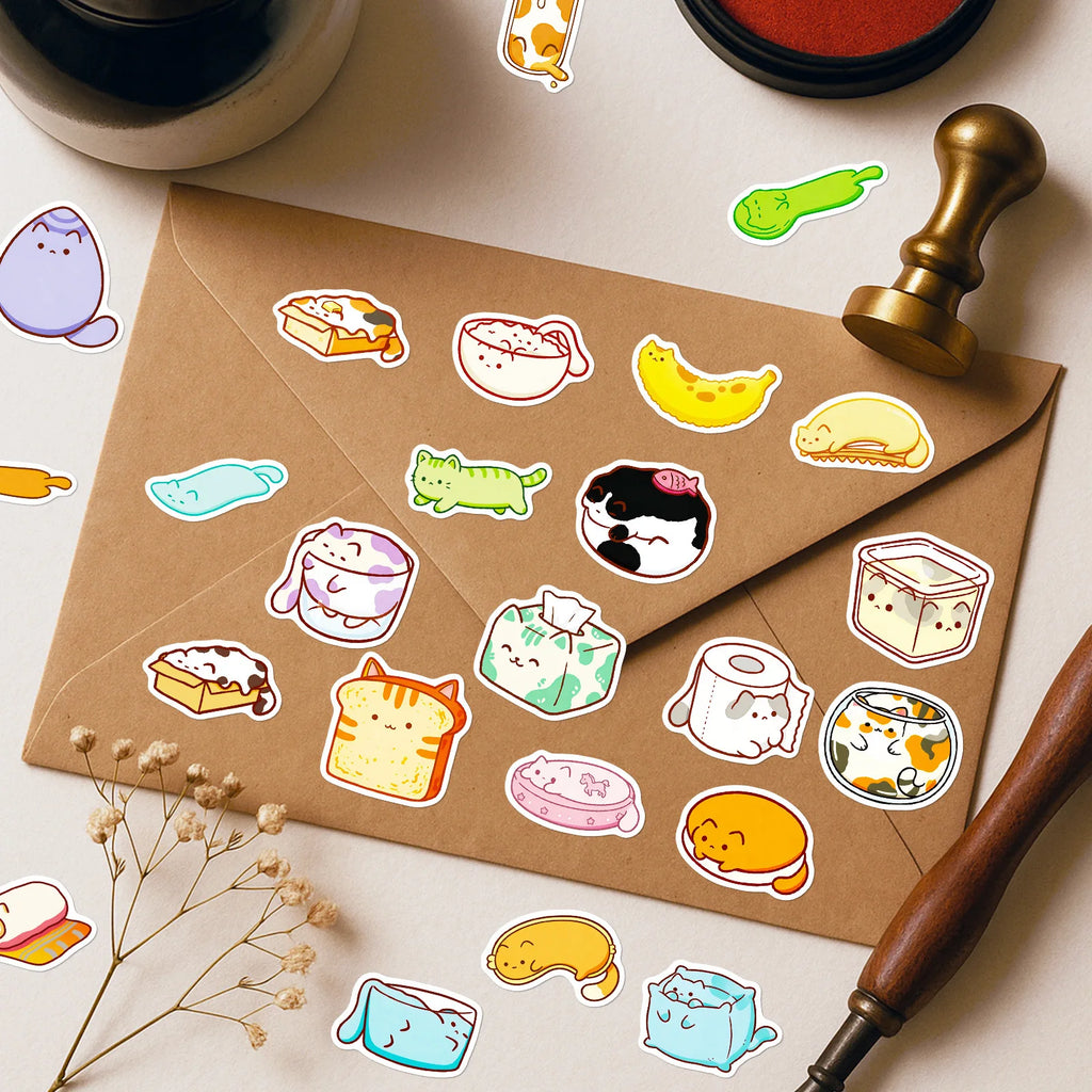 56PCS Cute Cat Bread Doodle Stickers Student Stationery Notebook Diary Office Supplies Storage Box Guitar Waterproof Stickers