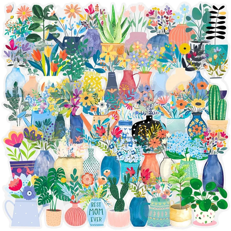 50PCS Fresh Nordic Style Plant PET Sticky Sticker Aesthetic Tear Open Decoration Scrapbooking Stationery Supplies for Kids