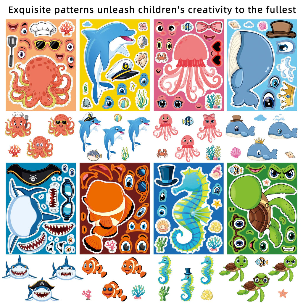 8PCS Cute Animal Cat Dolphin Octopus Cartoon Car Face Changing Stickers Stationery Notebook Decor DIY Children's Puzzle Sticker
