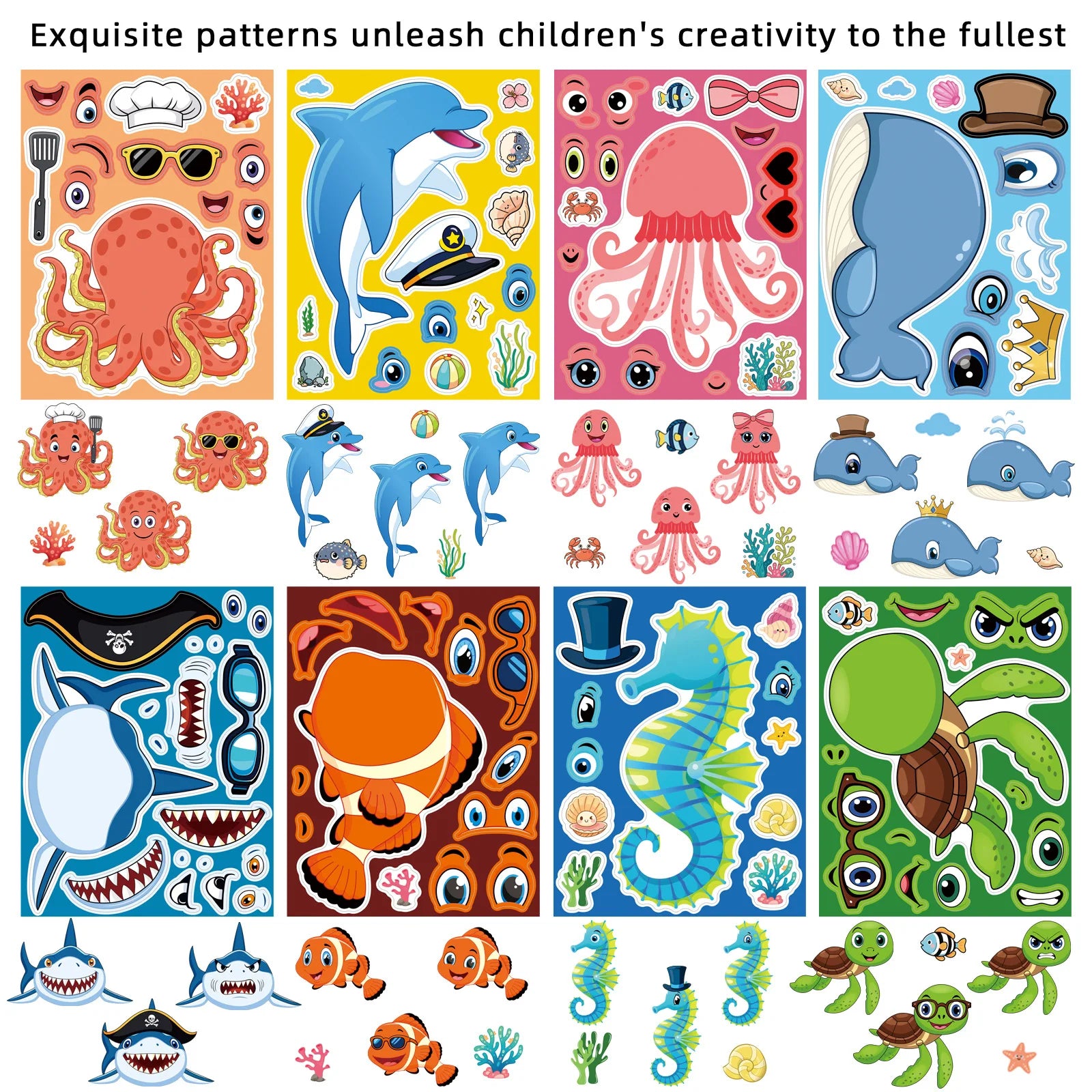 8PCS Cute Animal Cat Dolphin Octopus Cartoon Car Face Changing Stickers Stationery Notebook Decor DIY Children's Puzzle Sticker