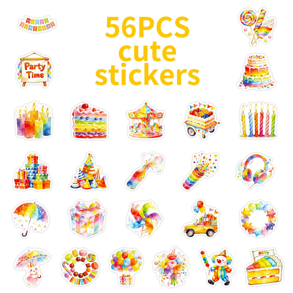56PCS Watercolor Birthday Party Graffiti Stickers Balloon Cake Candy Elements Student Stationery Notebook Birthday Gift Stickers