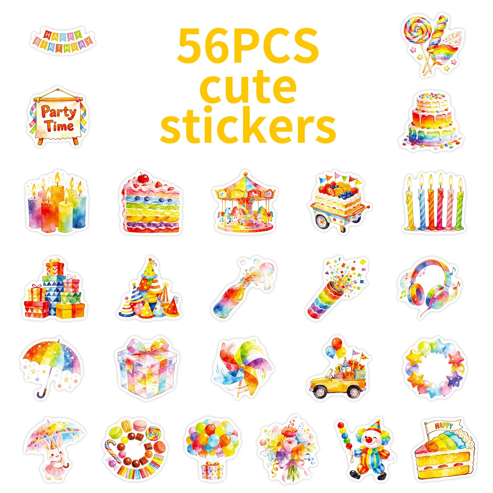 56PCS Watercolor Birthday Party Graffiti Stickers Balloon Cake Candy Elements Student Stationery Notebook Birthday Gift Stickers