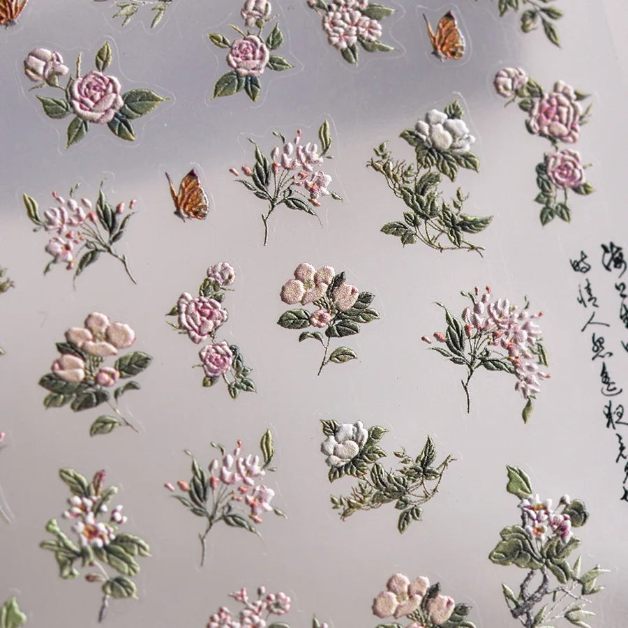 5D Embossed Nail Stickers Elegant Pink Flowers Self Adhesive Nails 3D Decorations Stickers DIY Charms Flowers Nails Art Decals