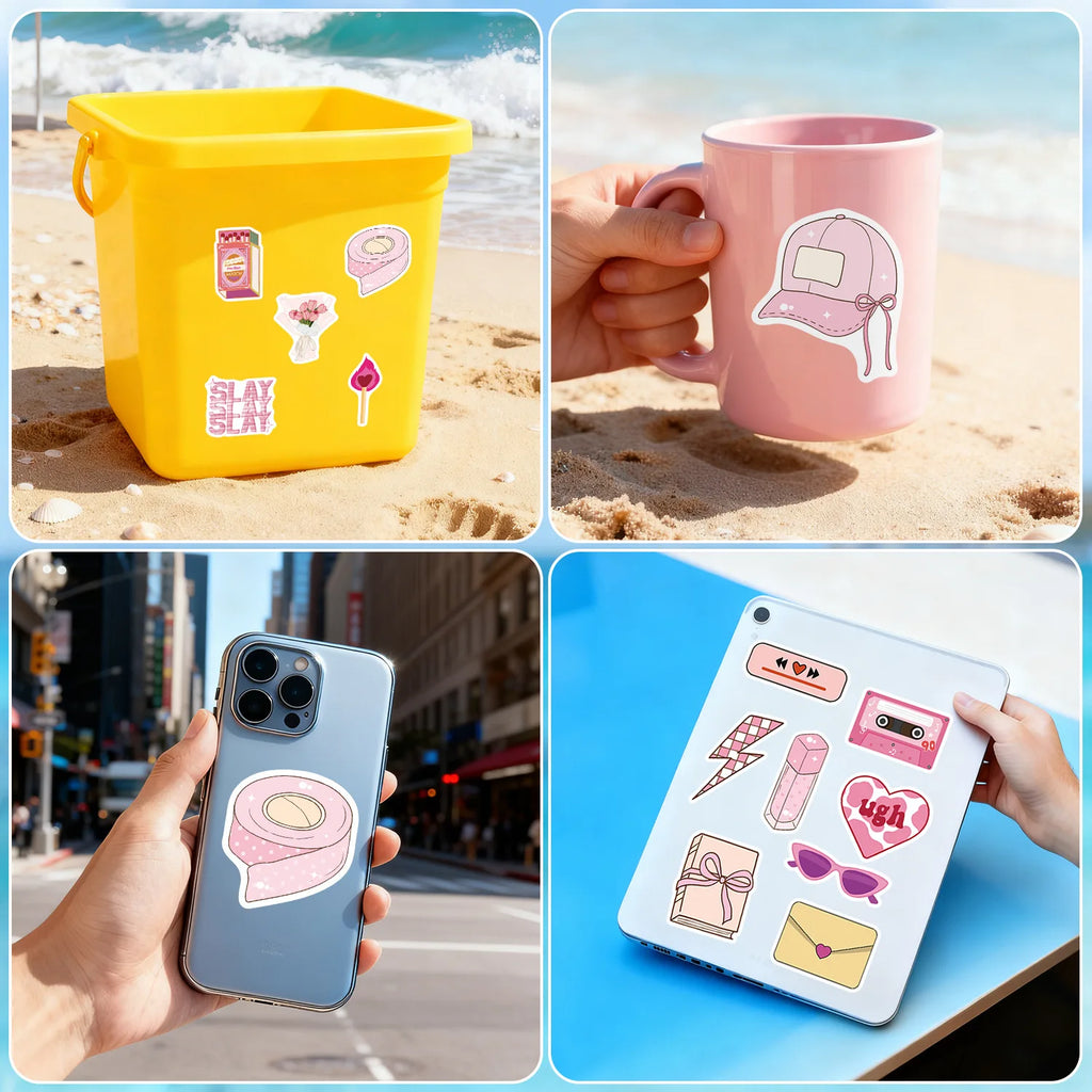 50-Pack Cute Pink Doodle Stickers Water Bottles Laptops Creative Stationery Notebook Waterproof Decor Stickers