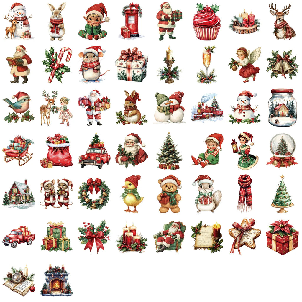 50/100PCS Cartoon Festival Retro Christmas Sticker Pack Waterproof Transparent PET Booklet Decorative Guitar Notebook