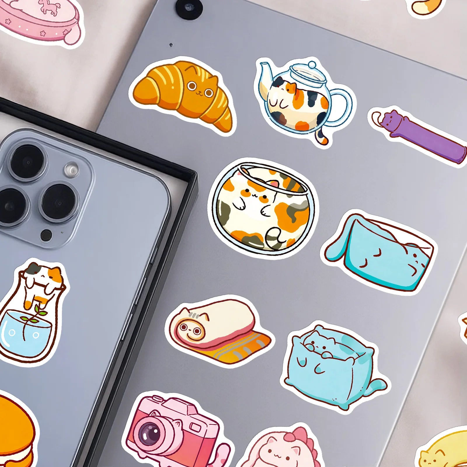 56PCS Cute Cat Bread Doodle Stickers Student Stationery Notebook Diary Office Supplies Storage Box Guitar Waterproof Stickers