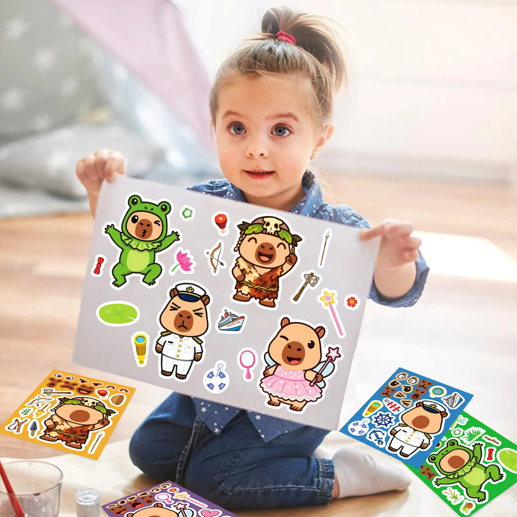 8/16 Pcs Cute Cartoon Capybara Animal Puzzle Make A Face Stickers Educational DIY Game for Fridge Suitcase Lunch Box Decals