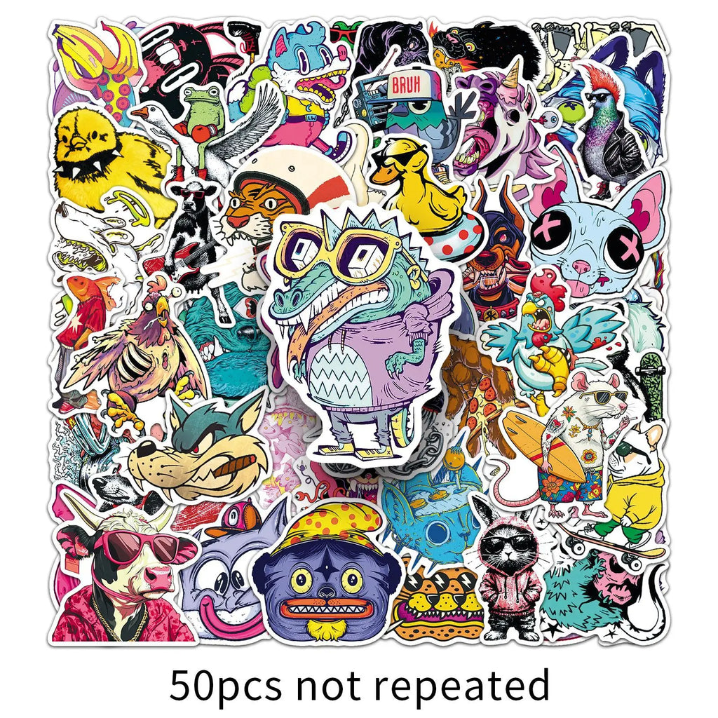 50Pcs Trendy Funny Animal Stickers Phone Laptop Notebook Stationery Suitcase Cup Cute DIY Decals Waterproof Decor Sticker
