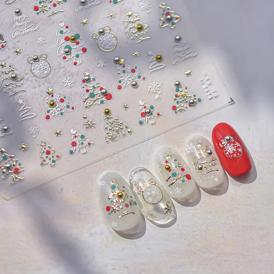 Luxury Crystal Diamond Nail Stickers 5D Cute Apple Christmas Tree Nail Decoration Stickers DIY 3D Happy New Year Manicure Decals