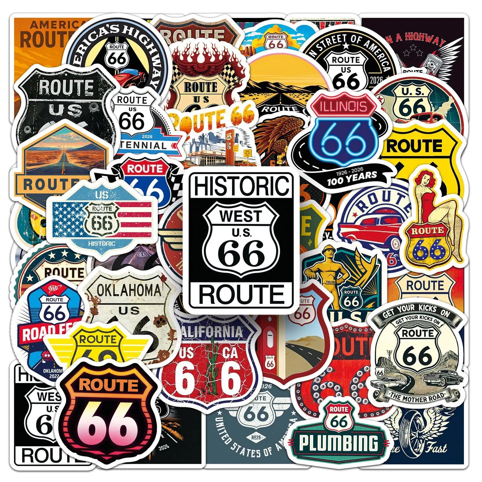 50PCS Classic US Route 66 Stickers, Student Stationery Laptop Helmet Skateboard Decorative Art Waterproof Sticker