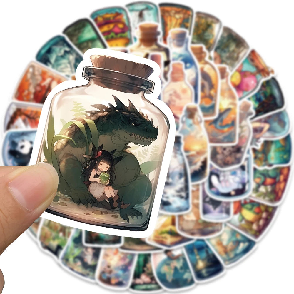 50PCS Stickers The World in a Bottle Print Harajuku Nostalgia Cartoon Coffee Laptop Skateboard Luggage Art Aesthetic Sticker ﻿