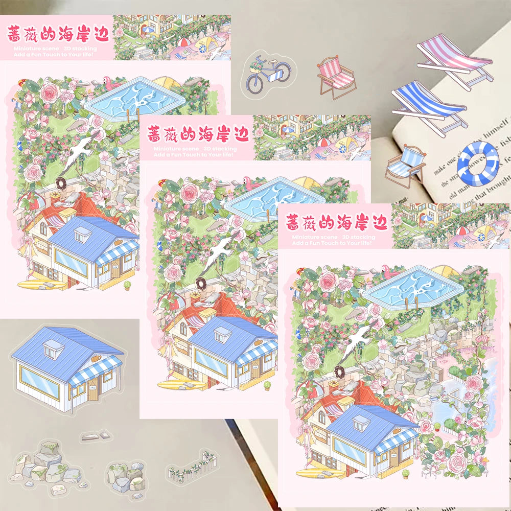3PCS The Coast of Rose Landscaping Miniature Scene Sticker Aesthetic Casual Skateboard Art Picture Cafe Decoration Stickers