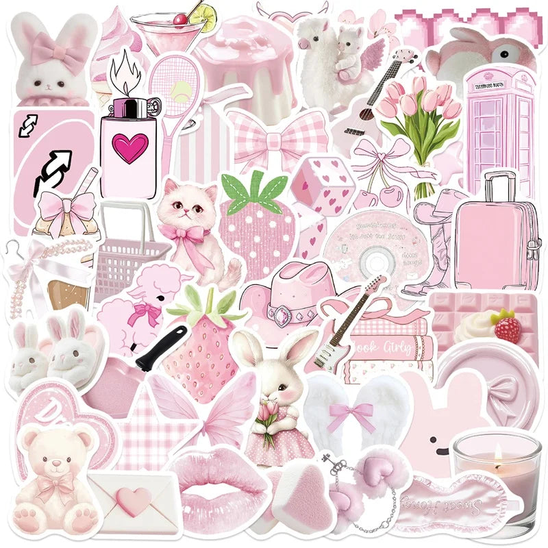 10/30/50PCS Cartoon Light Pink PVC Sticky Sticker Aesthetic DIY Children's Decoration Scrapbooking School Supplies for Kids