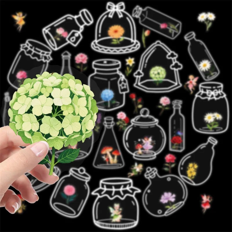 56PCS Kawaii Flower Bottle PET Sticky Sticker Aesthetic Tear Open DIY Decoration Scrapbooking School Stationery Supplies