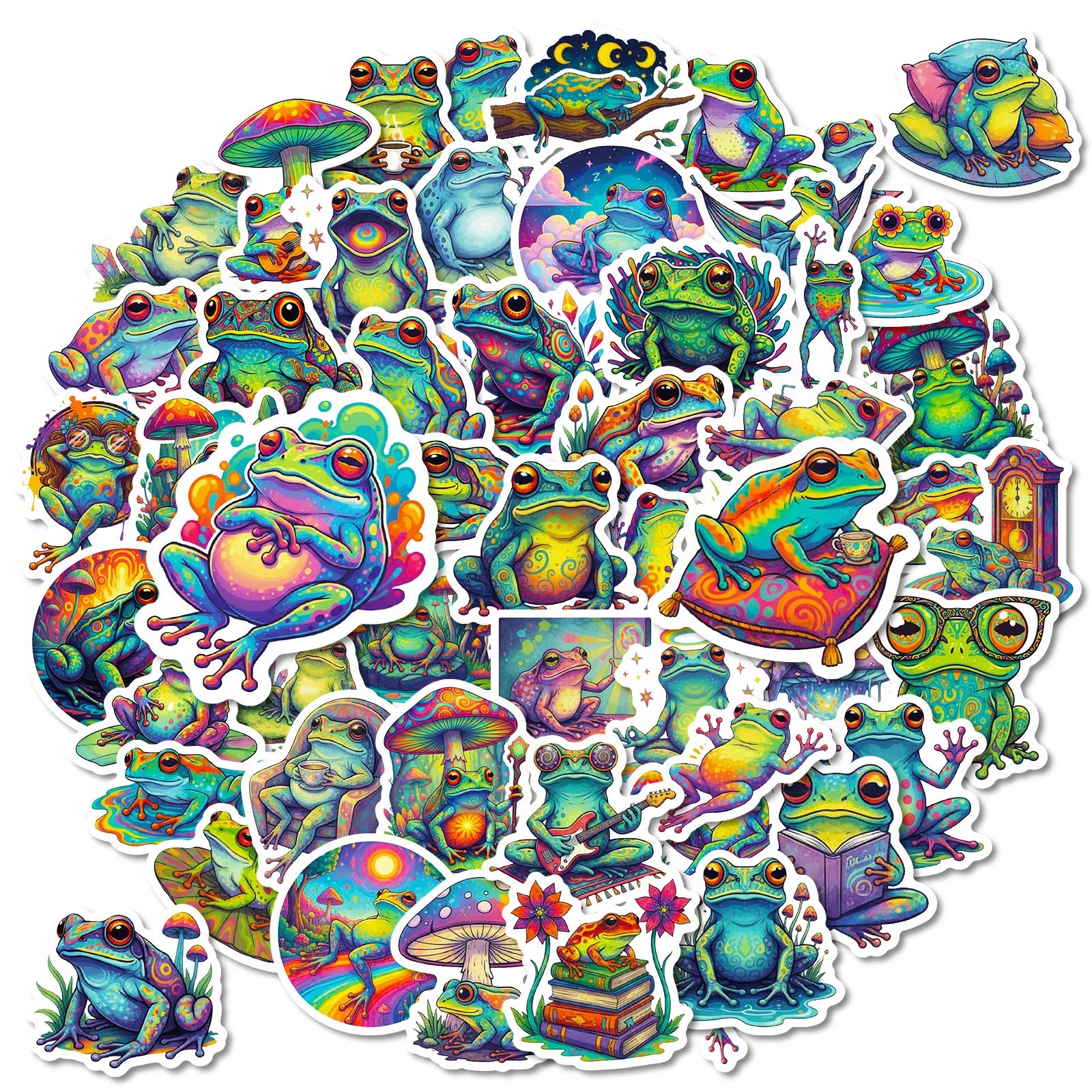 56/112 Pcs Reusable Cartoon Frog Decal Stickers for DIY Helmet Skateboard Guitar Piano Notebook Stationery Box Suitcase Fridge