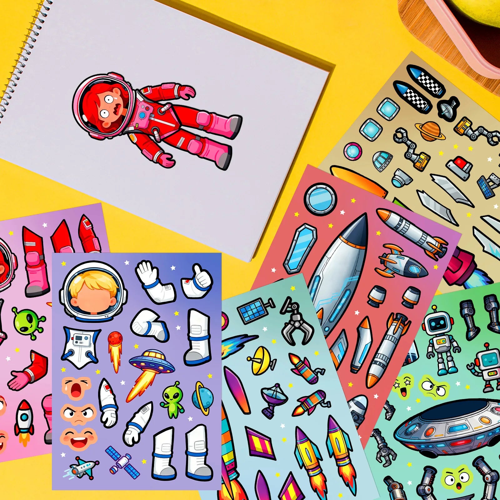 6/12/18Pcs Colorful Space Adventure Puzzle Stickers, Rocket Astronaut Decals for Stationery Notebook Fridge Desk Decor
