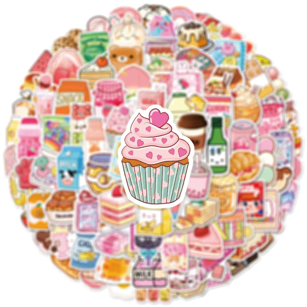 100-Piece Set Cute Snack Themed Scrapbooking Stickers for Tablet Laptop Student Stationery Diary Notebook Decoration