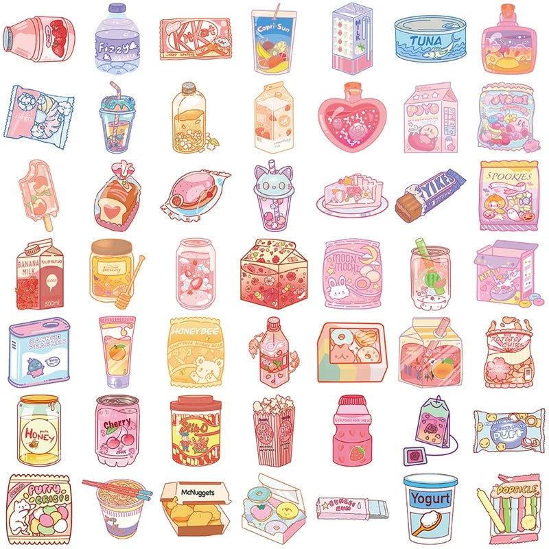 10/30/50PCS Kawaii Ins Snack PVC Sticky Sticker Aesthetic DIY Decoration Scrapbooking School Stationery Supplies for Kids