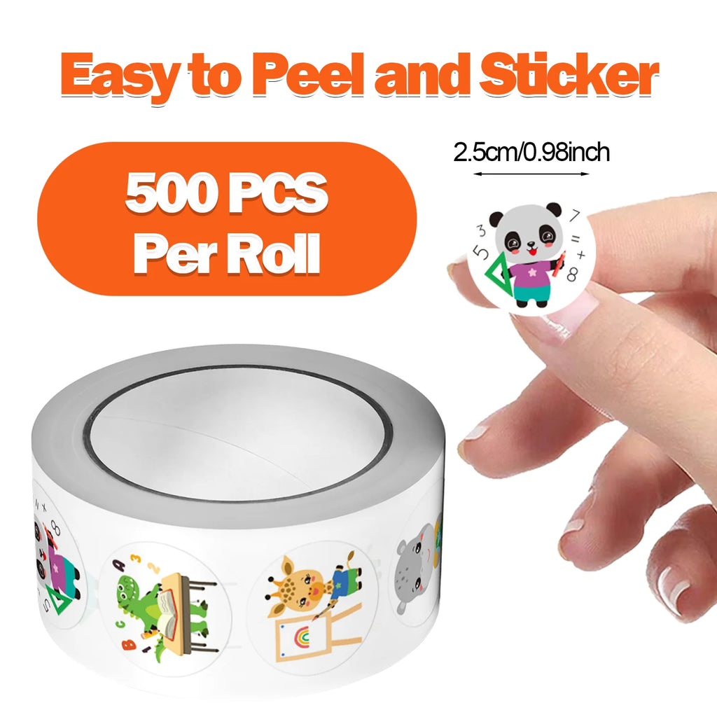 1Roll(500Pcs) Learning Animals Reward Stickers for Students 1.0'' Round 8 Designs Decal Diy Adorn Gifts Package Home Decoration