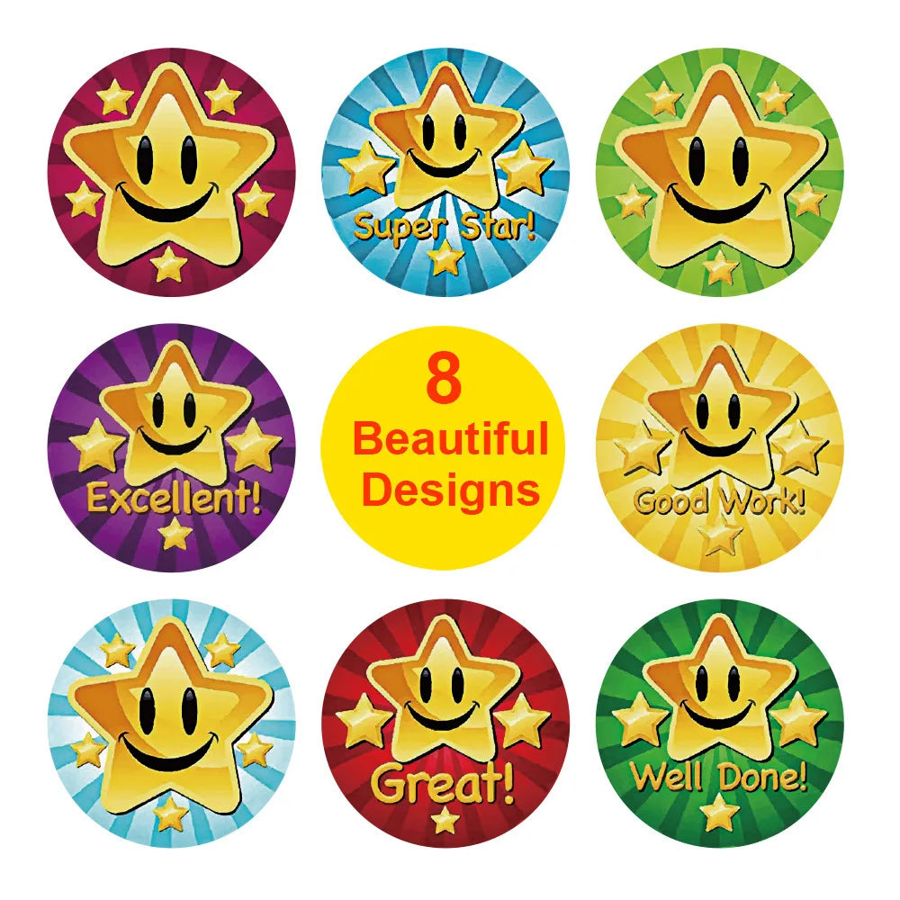 500Pcs/Roll Cartoon Stars Smile Reward Encourage Stickers,2.5cm/1.0inch Round Perfect For Learning Rewards Game Party Gift Seal