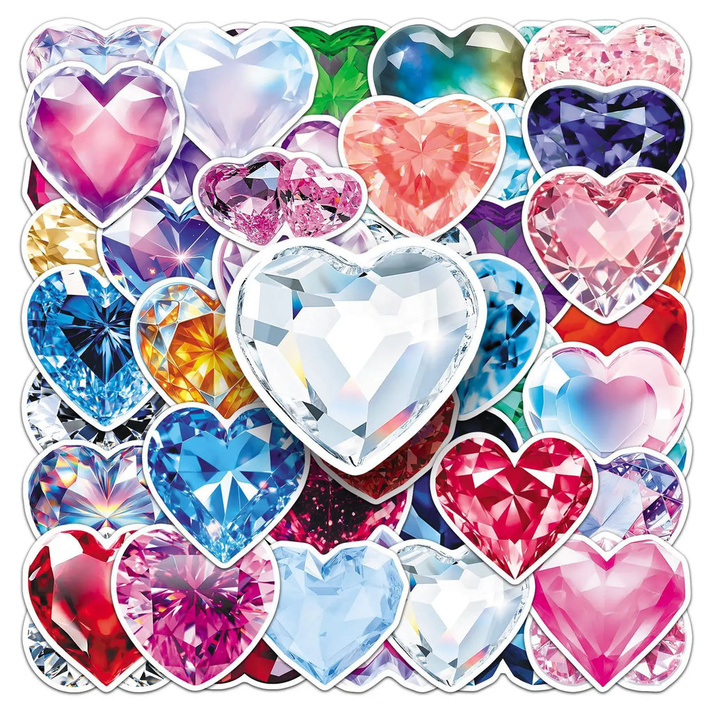 50PCS Glitter Heart Diamond Stickers, Colorful Cool Student Stationery Phone Notebook Cup DIY Waterproof Sticker