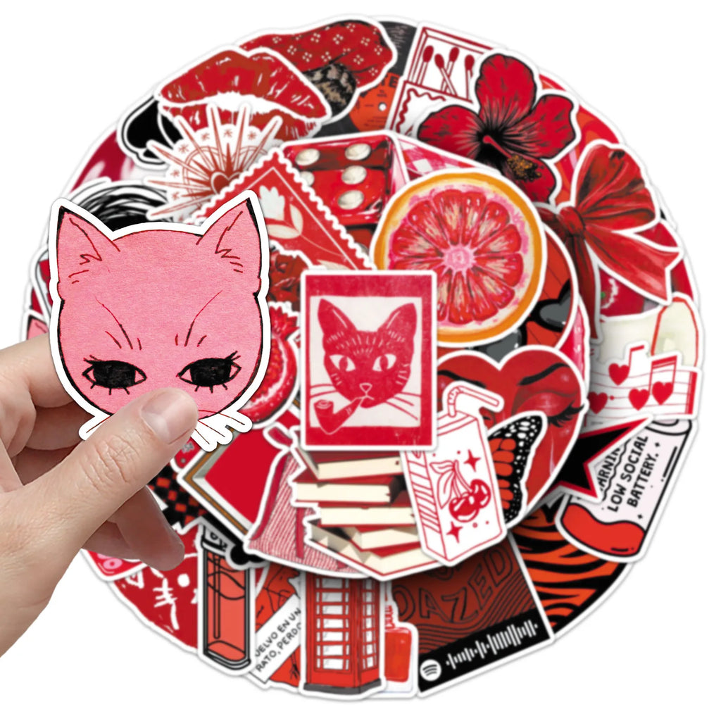50-Pack Y2K Red Graffiti Stickers Waterproof DIY Decorations for Luggage Helmets Guitar Cool Trendy Street Art Decals