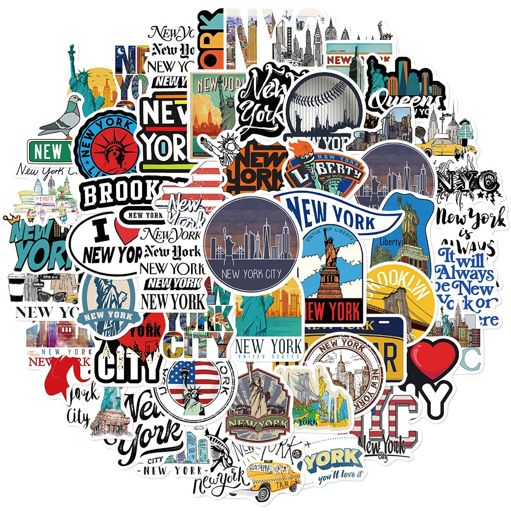 50PCS Cartoon New York Stickers Adhesive DIY Guitar Laptop Luggage Skateboard Living Graffiti DIY Lover Calender Phone Sticker