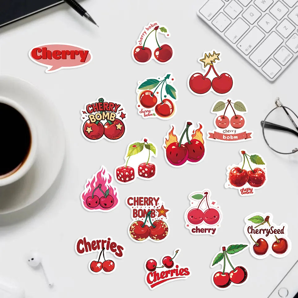 50PCS Red Cartoon Cherry Small Mouth Graffiti Stickers Decorative Guitar Notebook Luggage DIY Waterproof Stickers