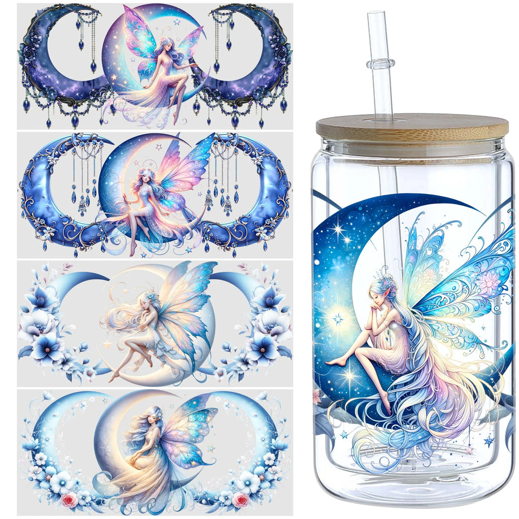 5 Sheets Moon Fairy UV DTF Cup Stickers, Glass Cup DTF Transfer Stickers, Waterproof Wipeable Transfer Paper