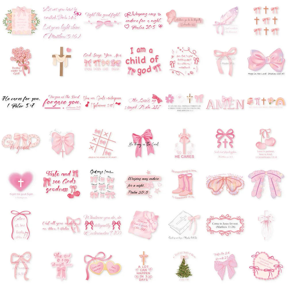 50PCS Pink Bow English Inspirational Series PET Stickers DIY Phone Case Laptop Tablet Toy Stickers