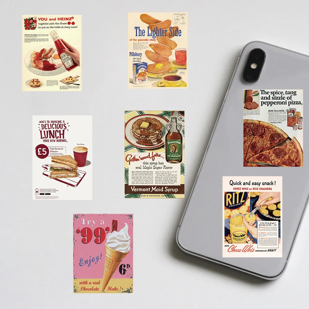 50PCS Retro Cartoon Food Stickers Notebook Gift Living Room For Laptop Creative Luggage Motorcycle Coffee Graffiti Phone Sticker