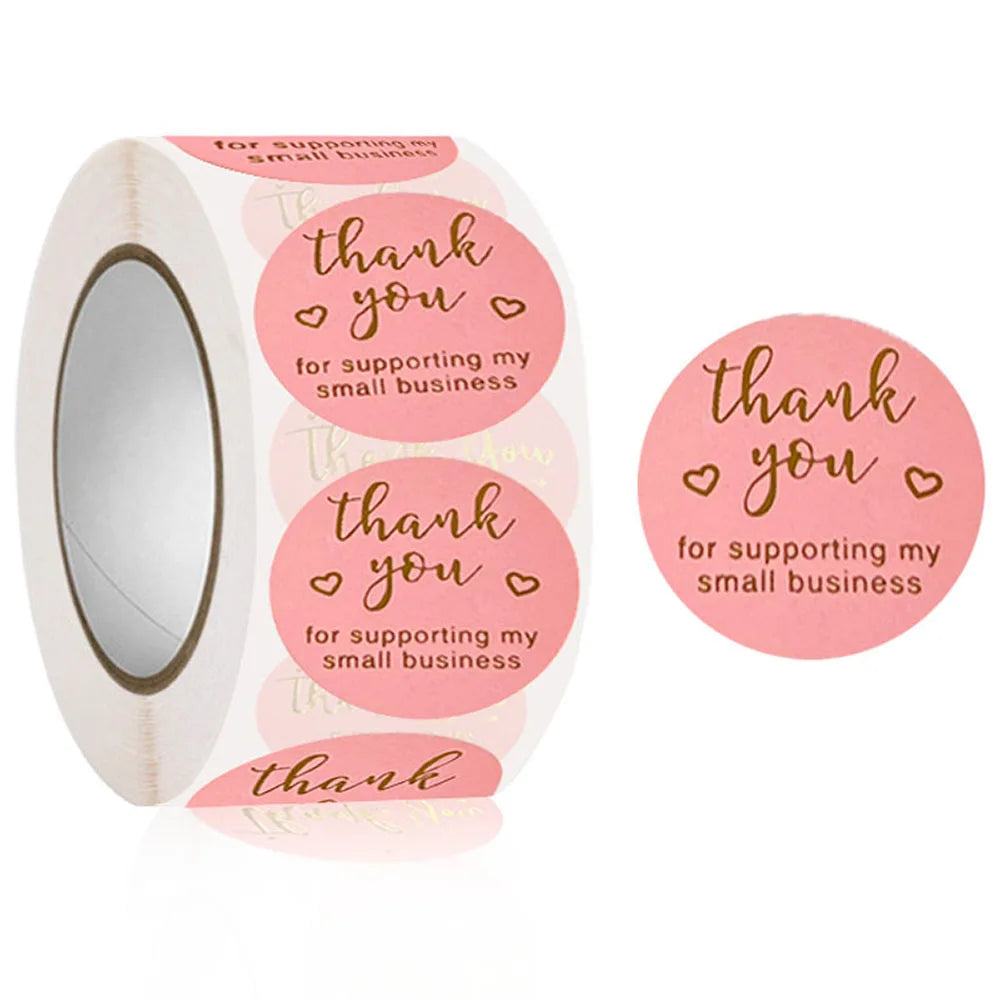 500Pcs/Roll Gilding Thank You for Supporting My Small Business Stickers Pink/Black 2.5cm/1.0inch Perfect for Aftercare