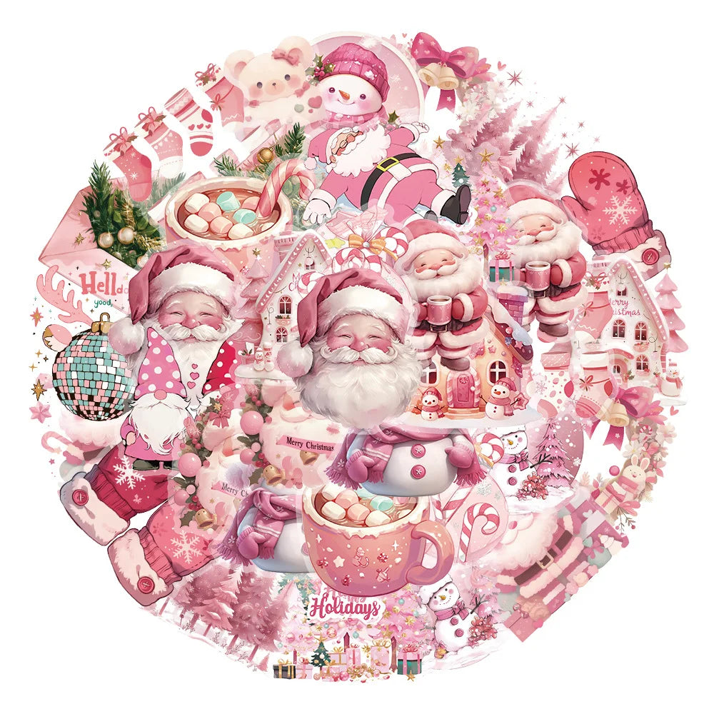 50PCS Transparent Plastic PET Pink Christmas Stickers Santa Claus Holiday Stationery Pen Holder Children's Reward Decor Stickers