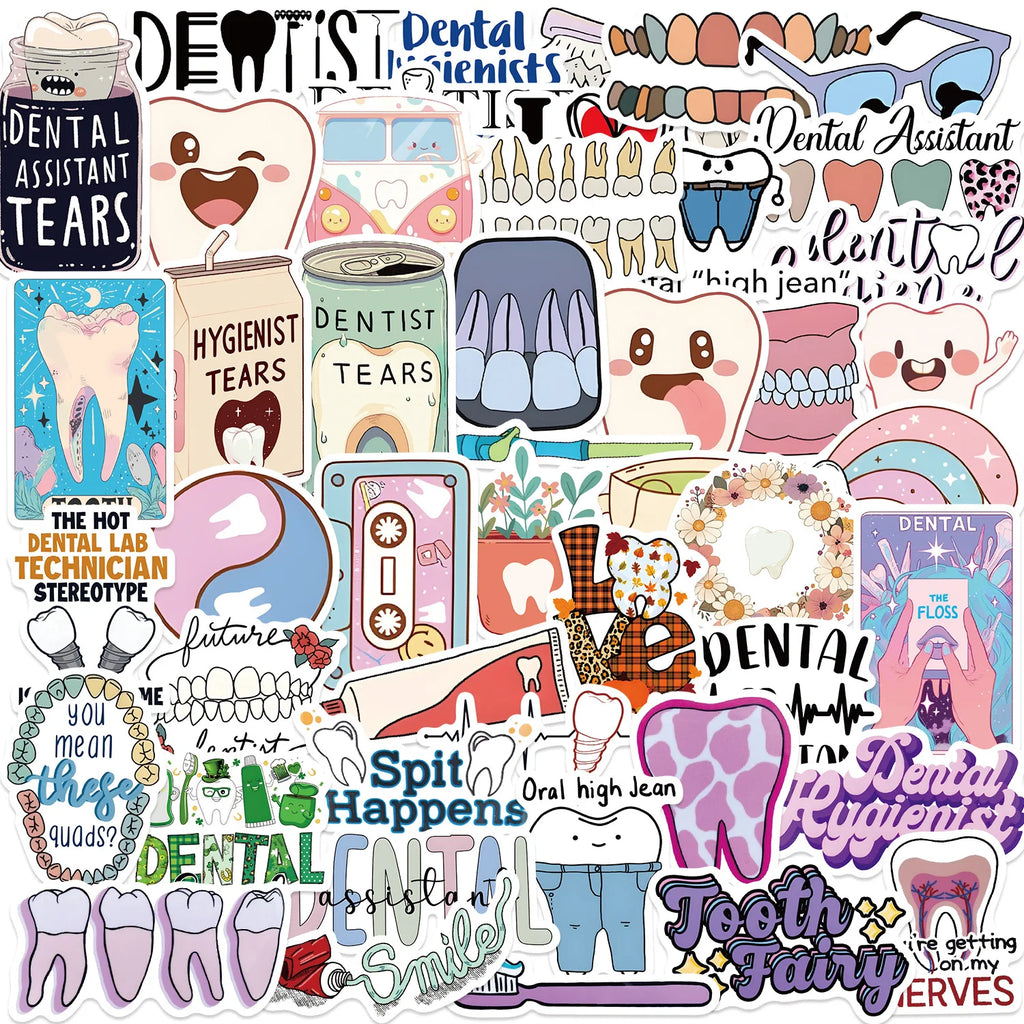 50PCS Cartoon Dental Graffiti Stickers Guitar Notebook Luggage DIY Waterproof Stationery Pen Holder Decorative Stickers