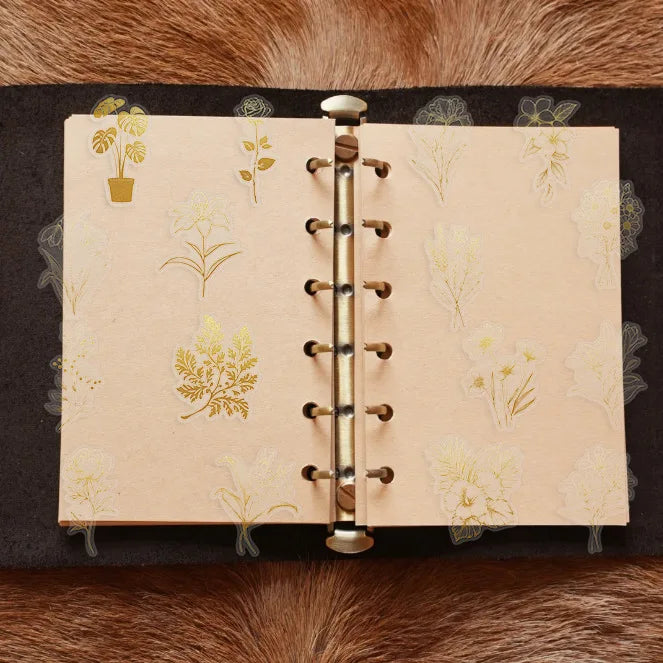 50 Pcs Cartoon Golden/Green Plant Stickers Pack, Waterproof Transparent PET Feather Scrapbook for Guitar Notebook Stationary