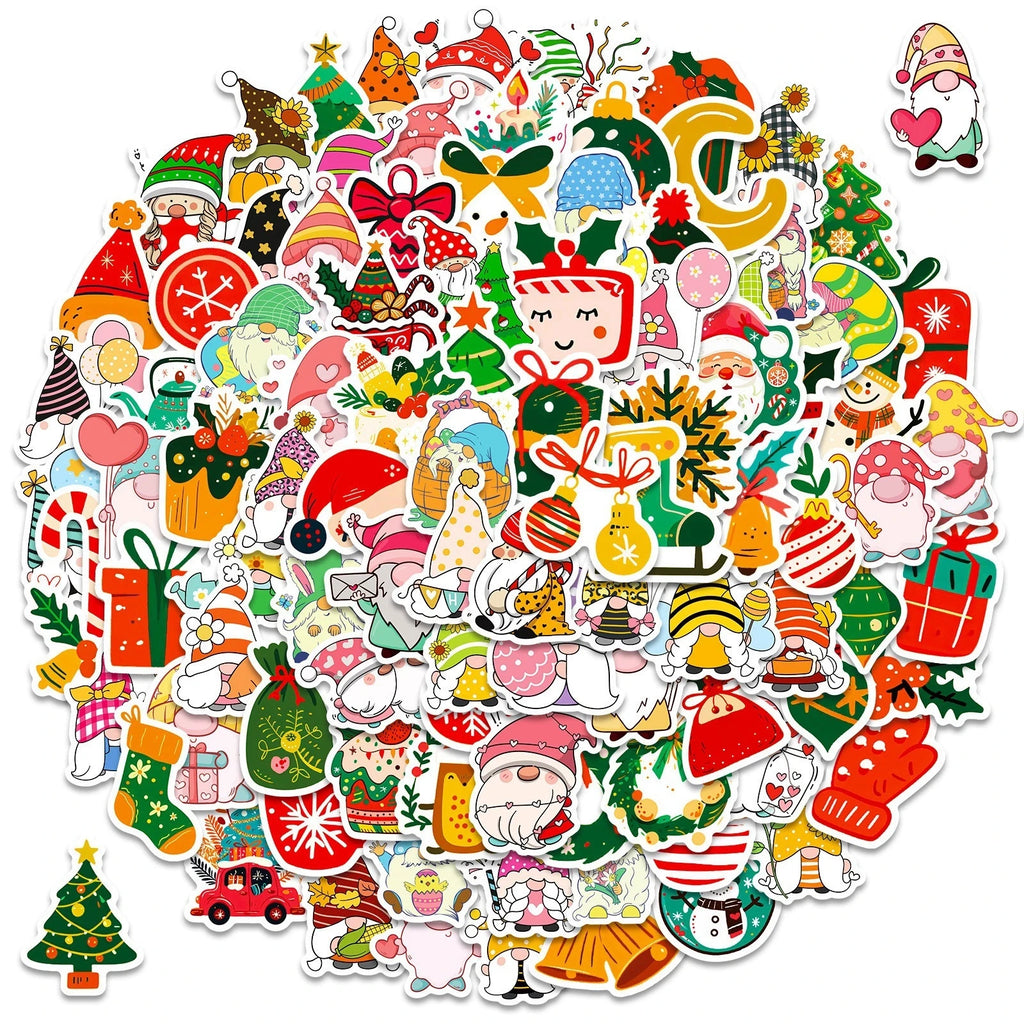 100PCS Red Christmas Theme Waterproof Stickers Decorative Windows Gifts Water Cups Stationery Stickers