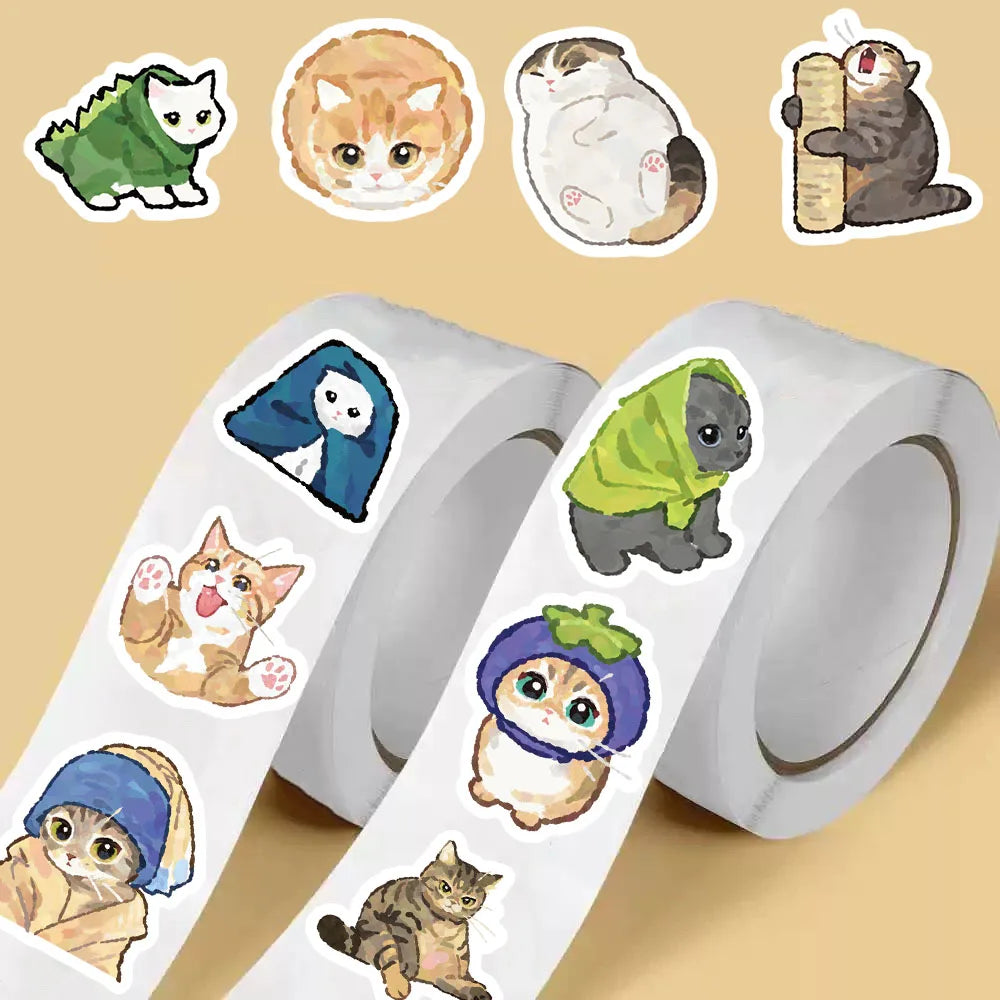 500PCS Cartoon Cat Roll Stickers School Stickers Classroom Laptop Luggage Encouragement Reward Stickers Teacher Gifts ﻿
