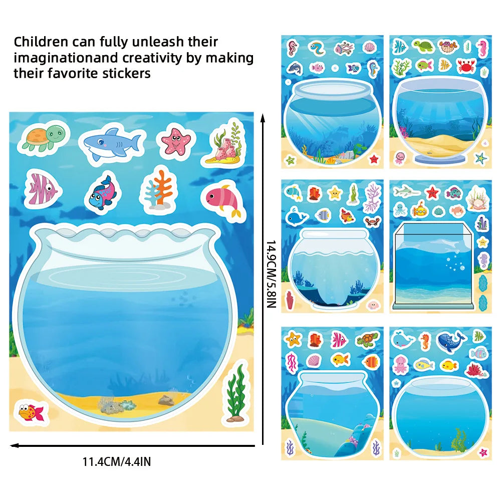 8/16/24Pcs Fish Tank Ocean Animal Puzzle Stickers, Kids DIY Decals Marine Sticker for Notebook Phone Suitcase Fridge Decor