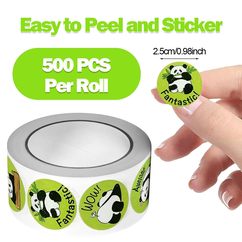 1Roll(500pcs) 1'' Round Cartoon Reward Pandas Stickers for Kids Teacher Reward School Supplies Animal Incentive Home Decor