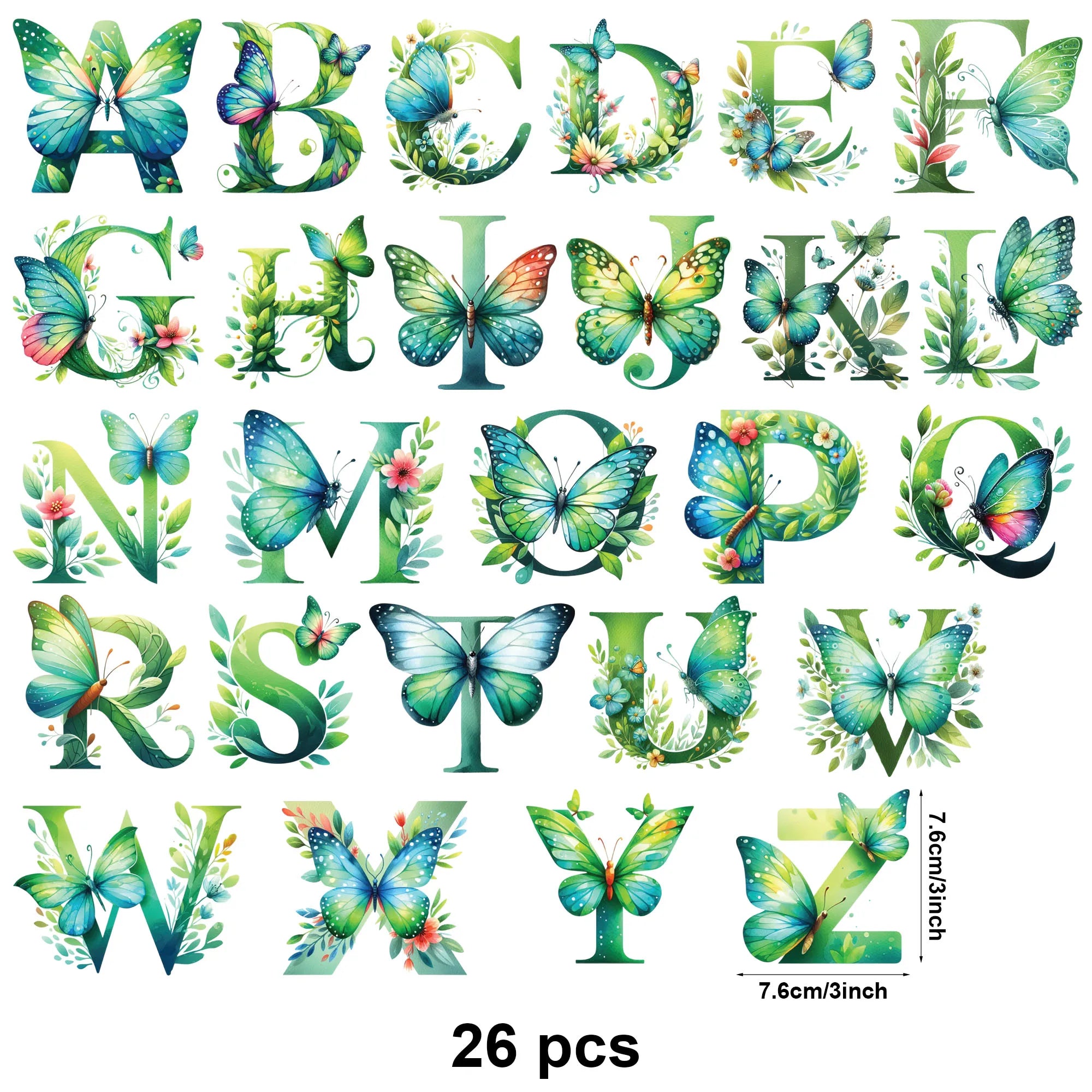 26 sheets Alphabet Flowers A - Z Design UV DTF Transfer Sticker Decals for Office and Home 16oz Alphabet Waterproof Stickers
