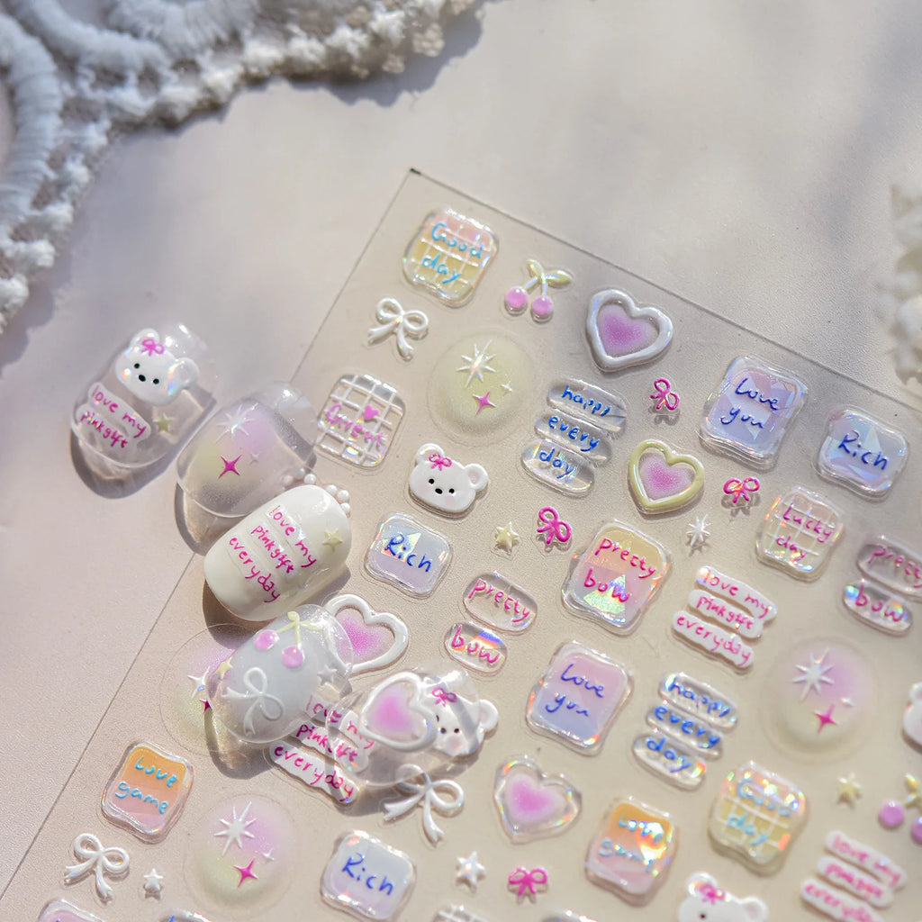 Sweet Puppy Dog Happy Day Cute Cherry star Rich Pink Love Heart Pretty Bowknot 5DNail Art Sticker Self Adhesive Manicure Decal