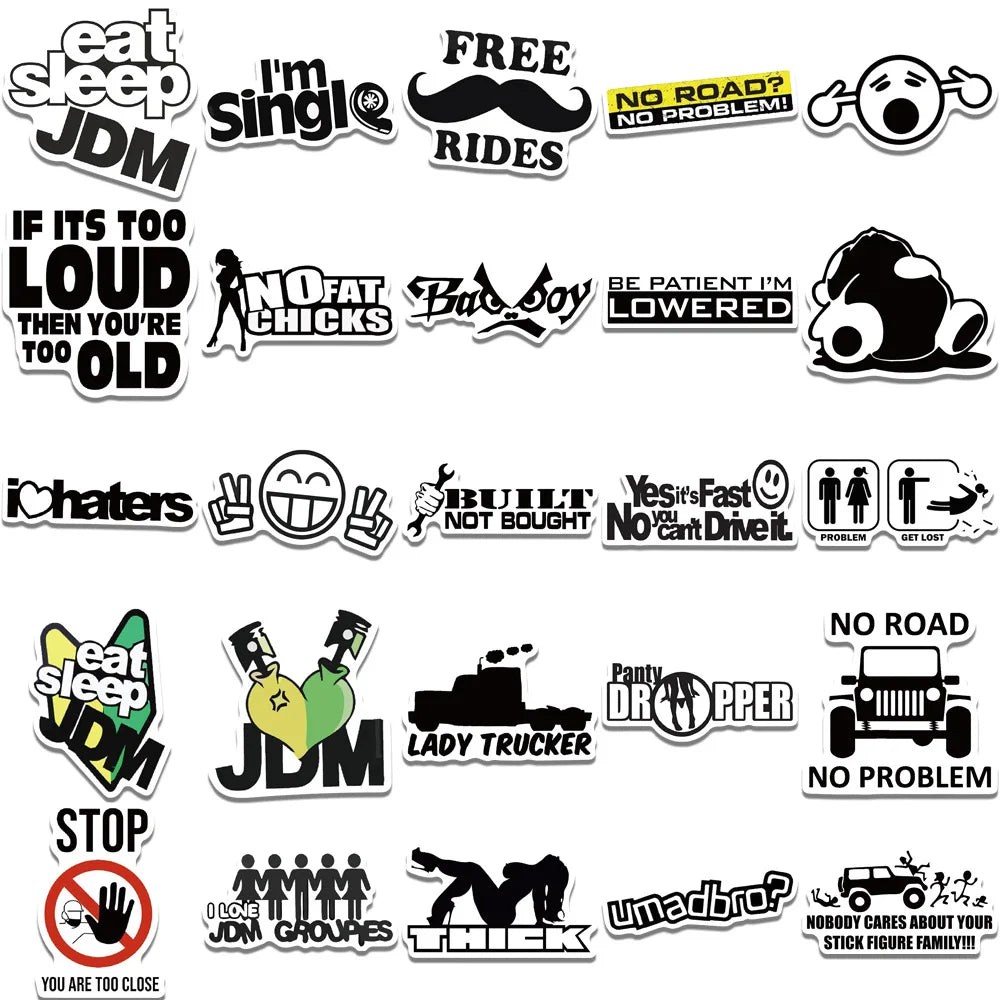50pcs Funny JDM Styling Stickers Skateboard Luggage Bumper Bike Car Motorcycle Scooter Cool Sticker Toy Waterproof