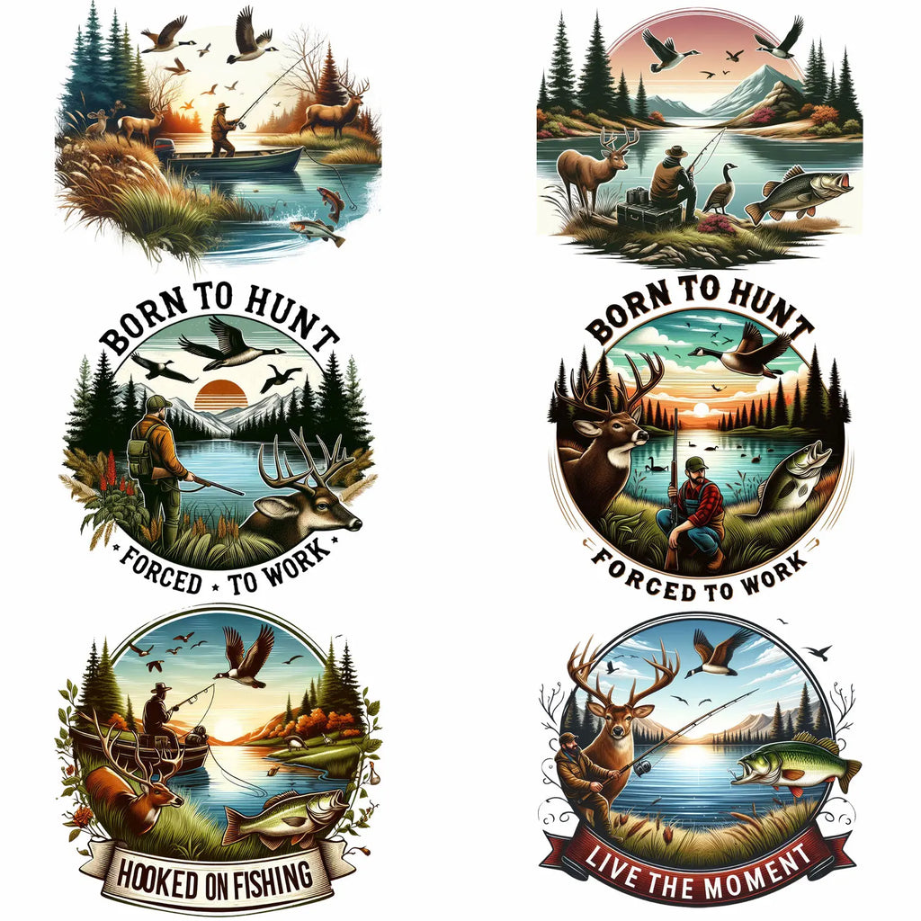 6 sheets Hunting Themed Iron-On Decals T-Shirt Heat Transfers for DIY, Deer, Fishing, Duck, T-Shirts, Masks, Jean, Backpack, Hat