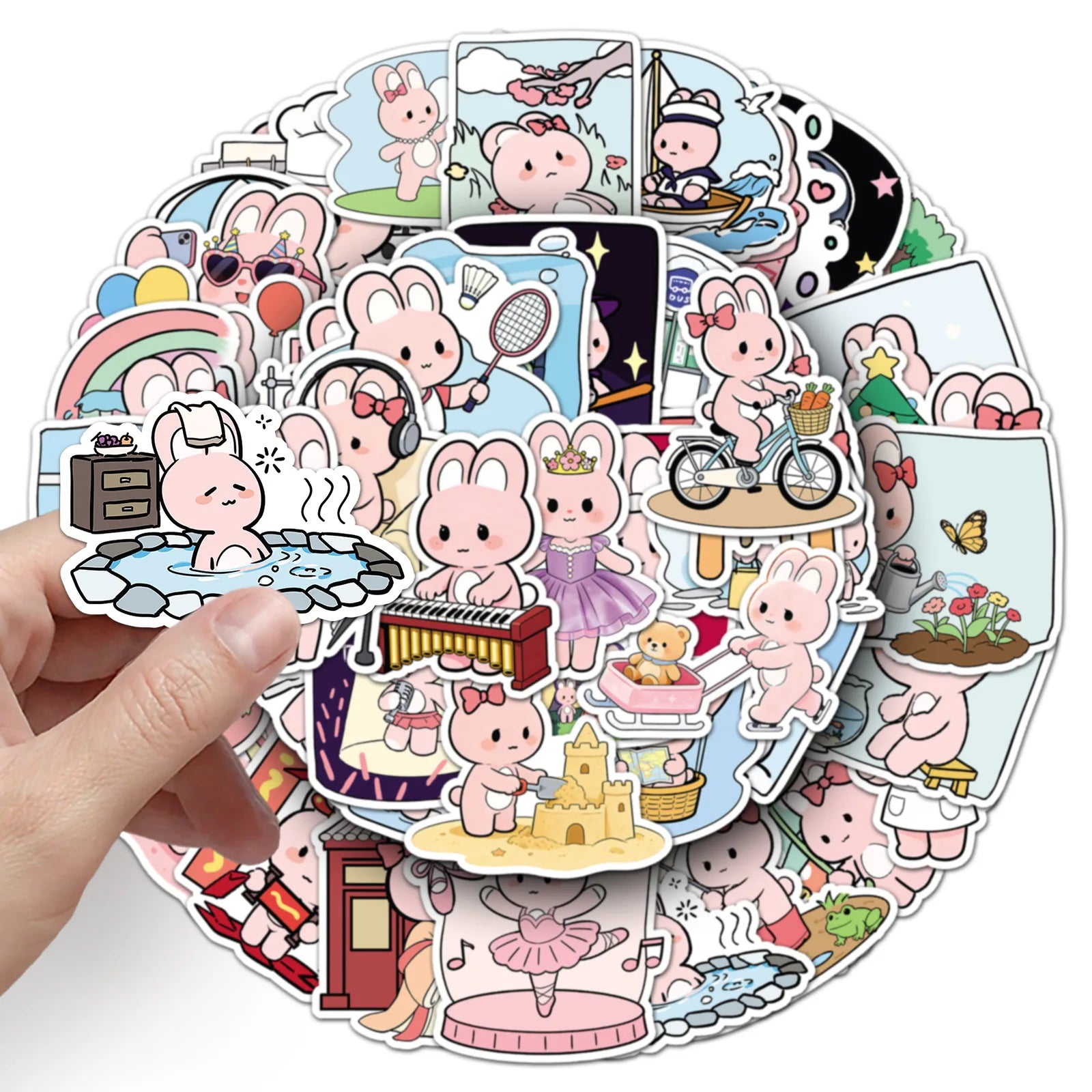 51-Piece Cute Cartoon Pink Bunny Daily Doodle Stickers Waterproof Stickers for Cups Phones Guitars Helmets Stationery Notebooks