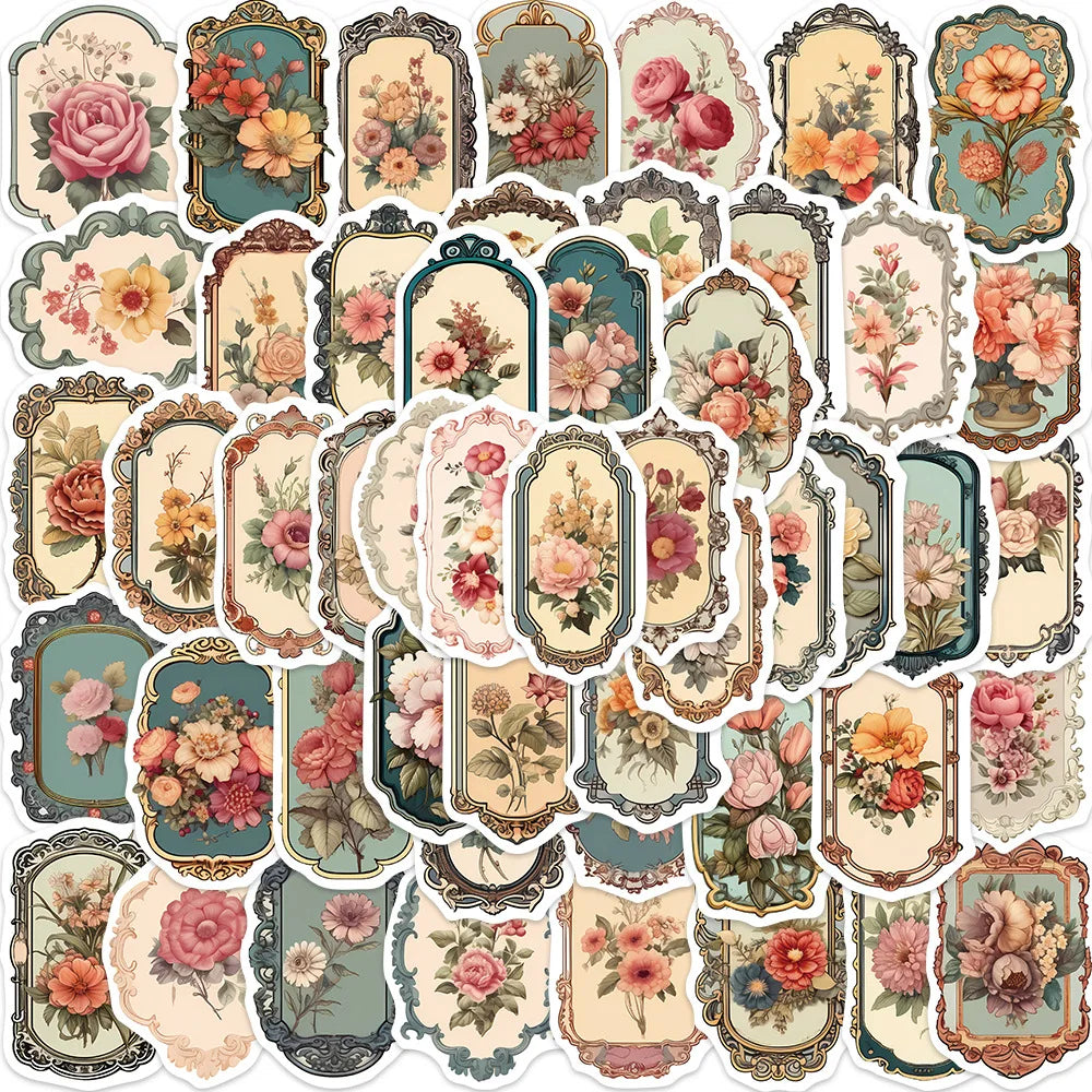 50PCS Vintage Flower Mirror Graffiti Stickes,Decoration Guitar Laptop Luggage DIY Waterproof Sticker