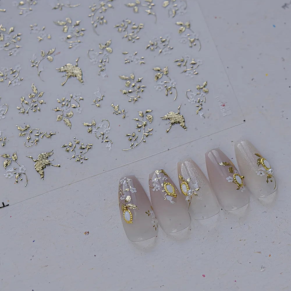 Metal Nail Art Stickers Gold Edges Orange Red Rose Floral Bow Nail Charms Stickers DIY Self Adhesive Nails 3D Decorations Decals