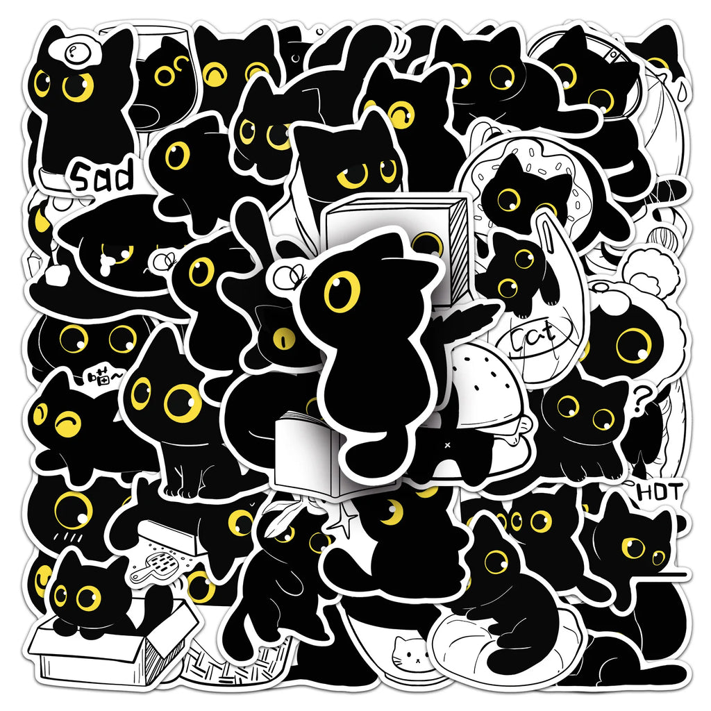 50/100PCS Cartoon Black Cat Daily Stickers Cartoon Cute Hand drawn Animal Creative Water Cup Ohone Stickers